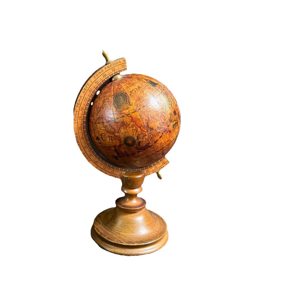 Vintage Old World Wooden Globe, Made in Italy Mid Century Modern 8.5” Tall